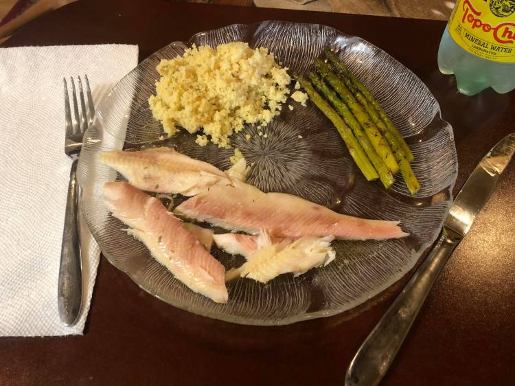 smoked rainbow trout with couscous and asparagus