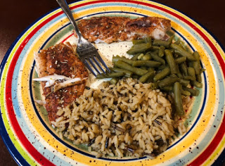 baked black drum with rice and green beans